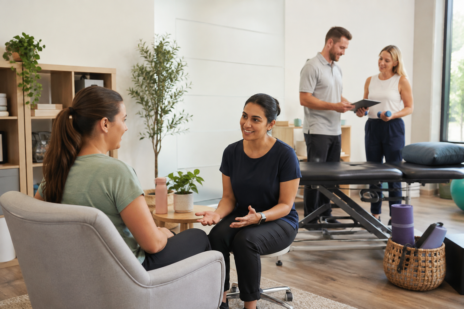 Allied health clinician consulting with a client in a bright practice room
