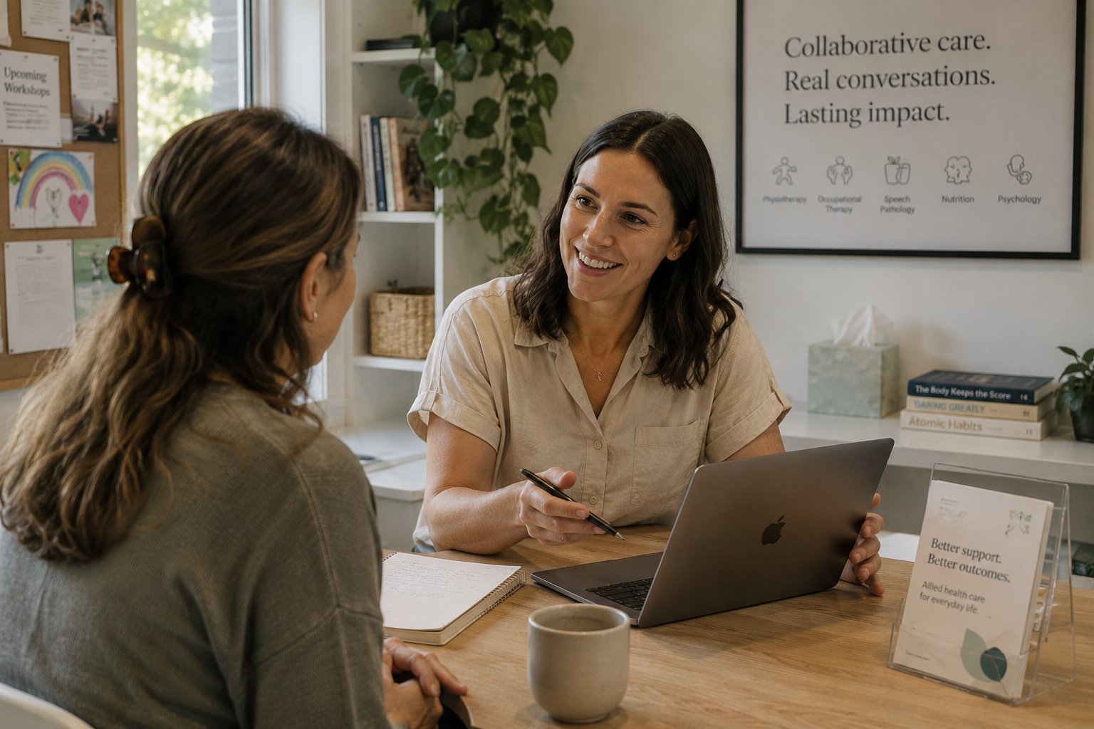 Allied health clinician consulting with a client in a bright, modern practice