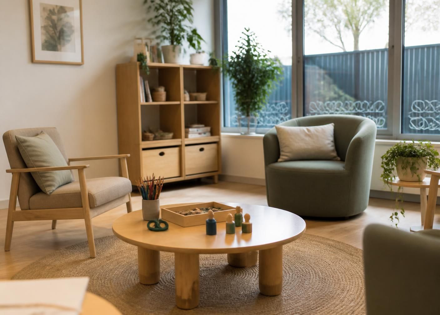 Calm, modern allied health therapy room with natural light and warm timber finishes