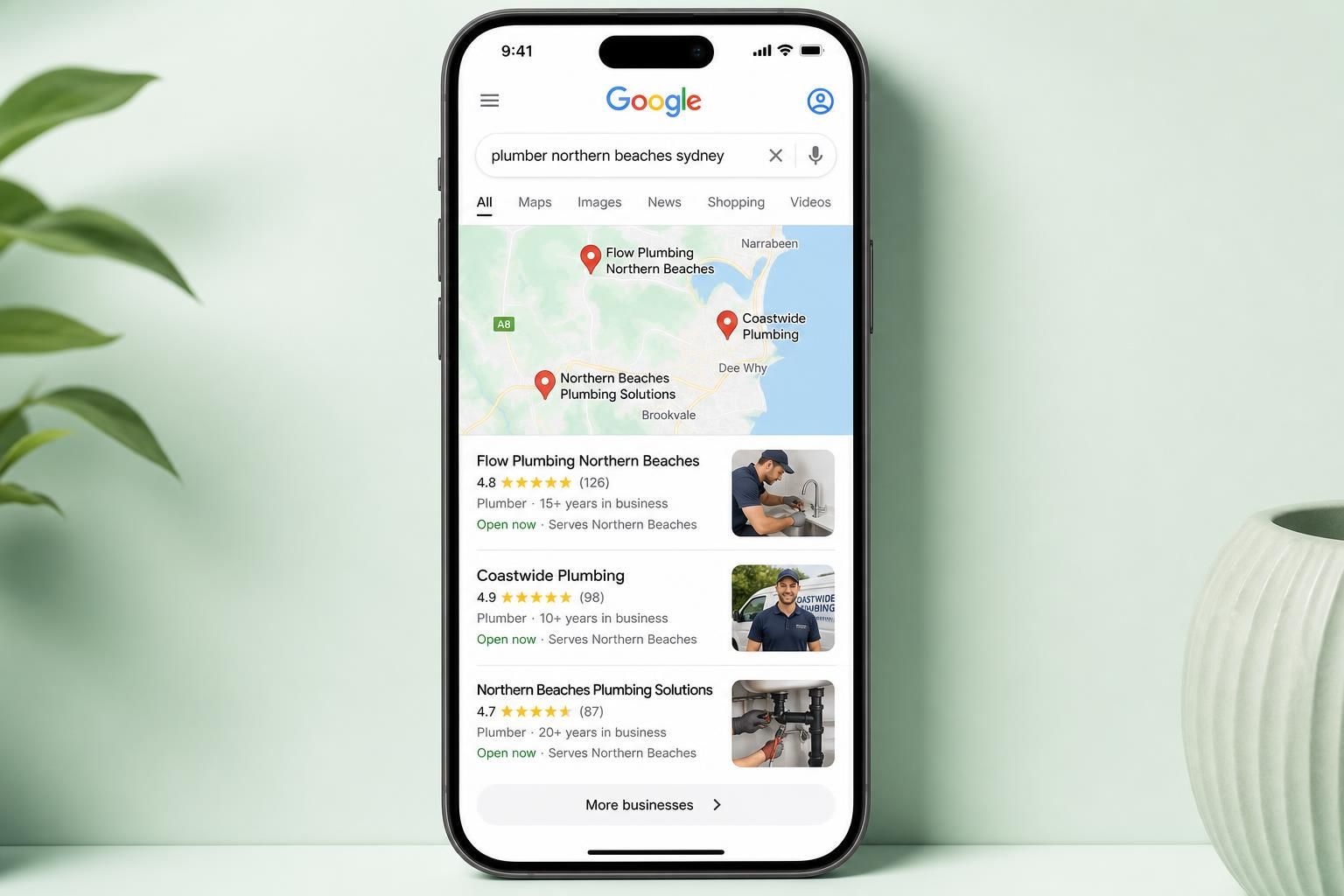 Google Maps local pack showing three Northern Beaches business listings