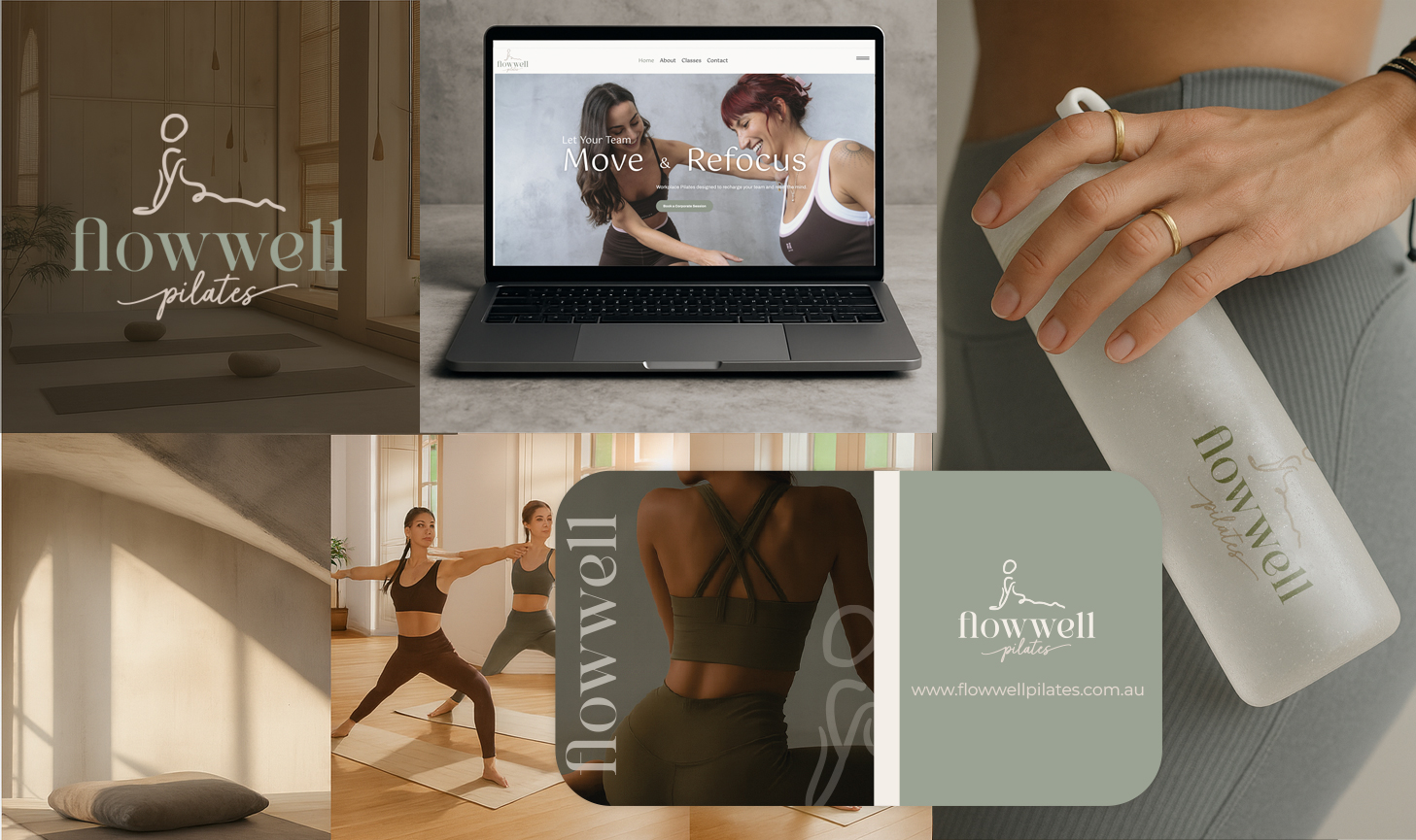 Flowwell Pilates brand design mockup showing website design and brand applications